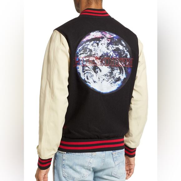 Ksubi Bomber Jacket Leather Sleeves Size M Heroism Globe RARE - Picture 2 of 13